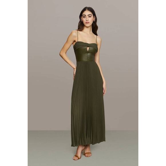 AMUR Linda Leather Crepe Midi Dress Olive Green 8 Sleeveless Cocktail Fit Flare - Picture 1 of 7